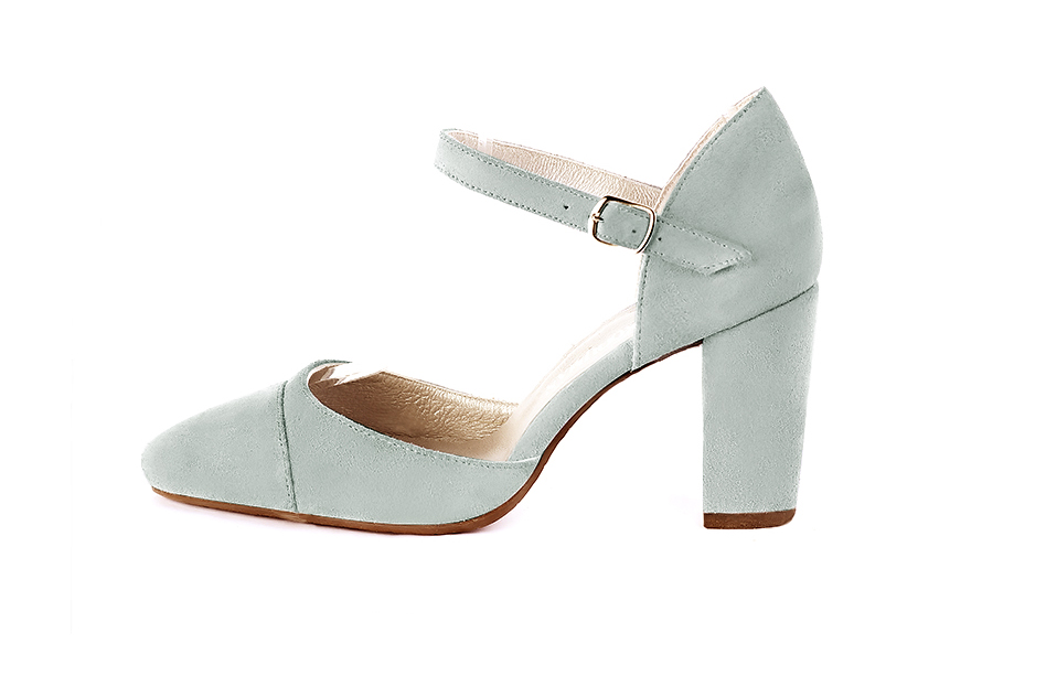 Aquamarine blue elegant closed-back heels, with an instep strap. Round toe. High block heels. - Florence KOOIJMAN